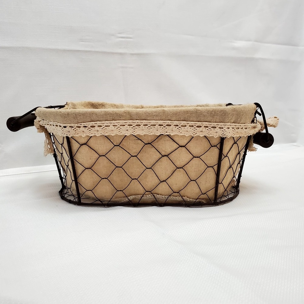 Home Decor ● Small Rectangle Wire Basket With Decorative Cloth Insert & Handles